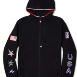 Volcom USA Polartec Fleece 2022 - A black fleece zip-up hoodie with a red, white and blue stripe along the hood's edge.