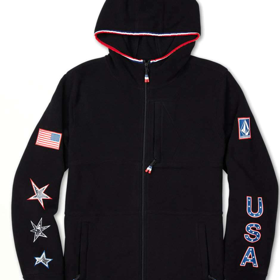 Volcom USA Polartec Fleece 2022 - A black fleece zip-up hoodie with a red, white and blue stripe along the hood's edge.