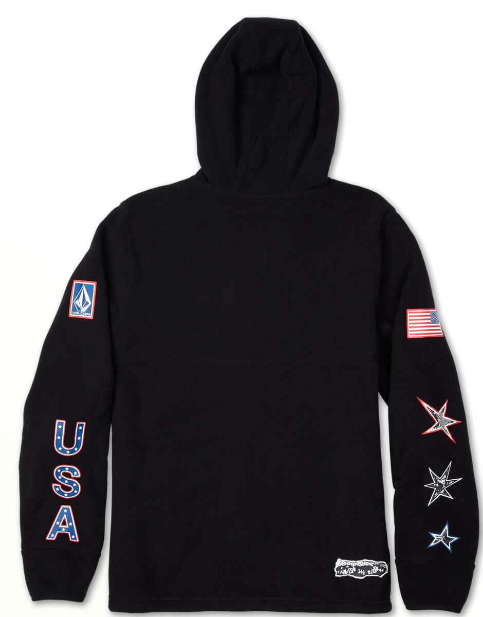 Volcom USA Polartec Fleece 2022 - A black fleece pullover with a small American flag patch on the left sleeve and a blue, white, and red "USA" logo on the chest.