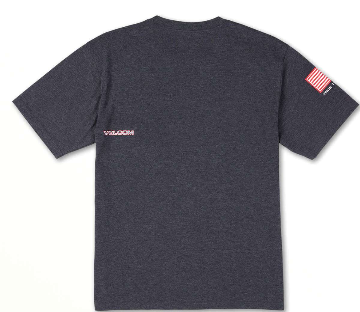 Volcom USA Stone Short Sleeve Tee 2022 - A dark gray t-shirt with a small red and white striped American flag on the left sleeve.