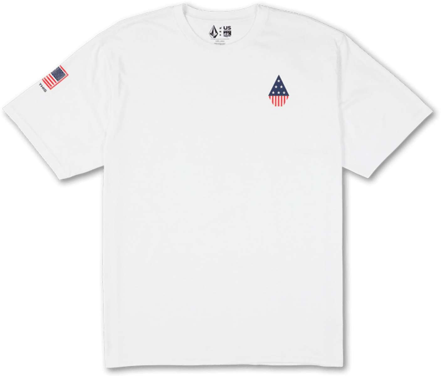 Volcom USA Stone Short Sleeve Tee 2022 - A white t-shirt with a small American flag on the left sleeve and a large American flag in the center of the chest.