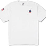 Volcom USA Stone Short Sleeve Tee 2022 - A white t-shirt with a small American flag on the left sleeve and a large American flag in the center of the chest.
