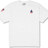 Volcom USA Stone Short Sleeve Tee 2022 - A white t-shirt with a small American flag on the left sleeve and a large American flag in the center of the chest.
