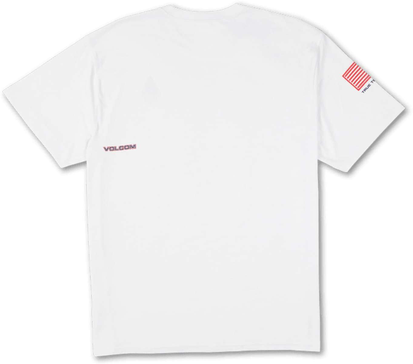 Volcom USA Stone Short Sleeve Tee 2022 - A white t-shirt with a red and blue graphic on the front.