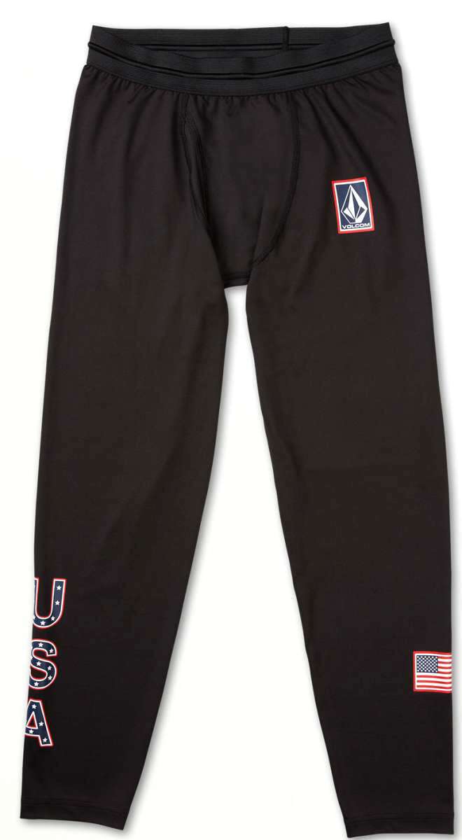 Volcom USST Base Bottom 2022 - Black bottoms with a white logo on the left thigh and red, white, and blue lettering that reads "USST" on the right leg.
