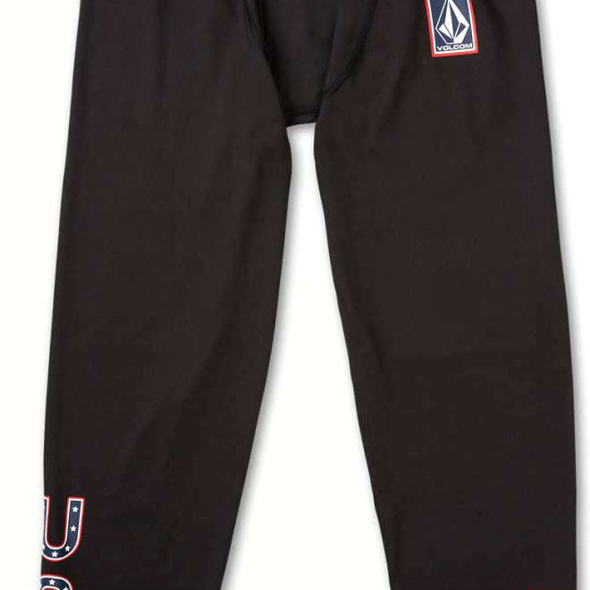 Volcom USST Base Bottom 2022 - Black bottoms with a white logo on the left thigh and red, white, and blue lettering that reads "USST" on the right leg.