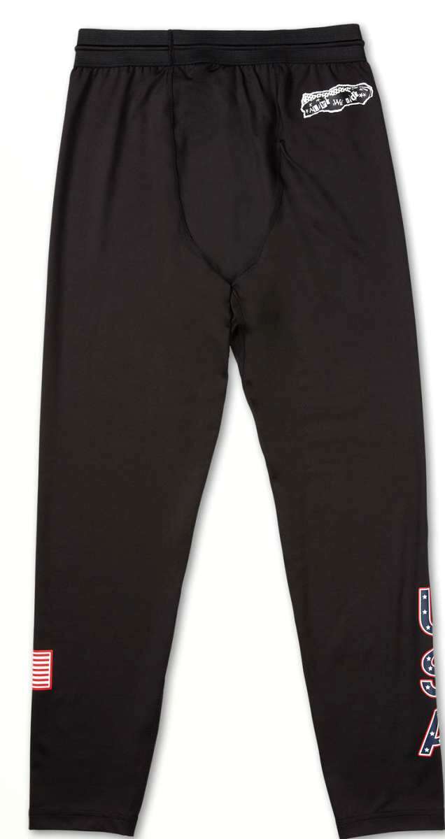 Volcom USST Base Bottom 2022 - Black bottoms with a white logo on the left leg and red, blue, and white stripes down the right leg.
