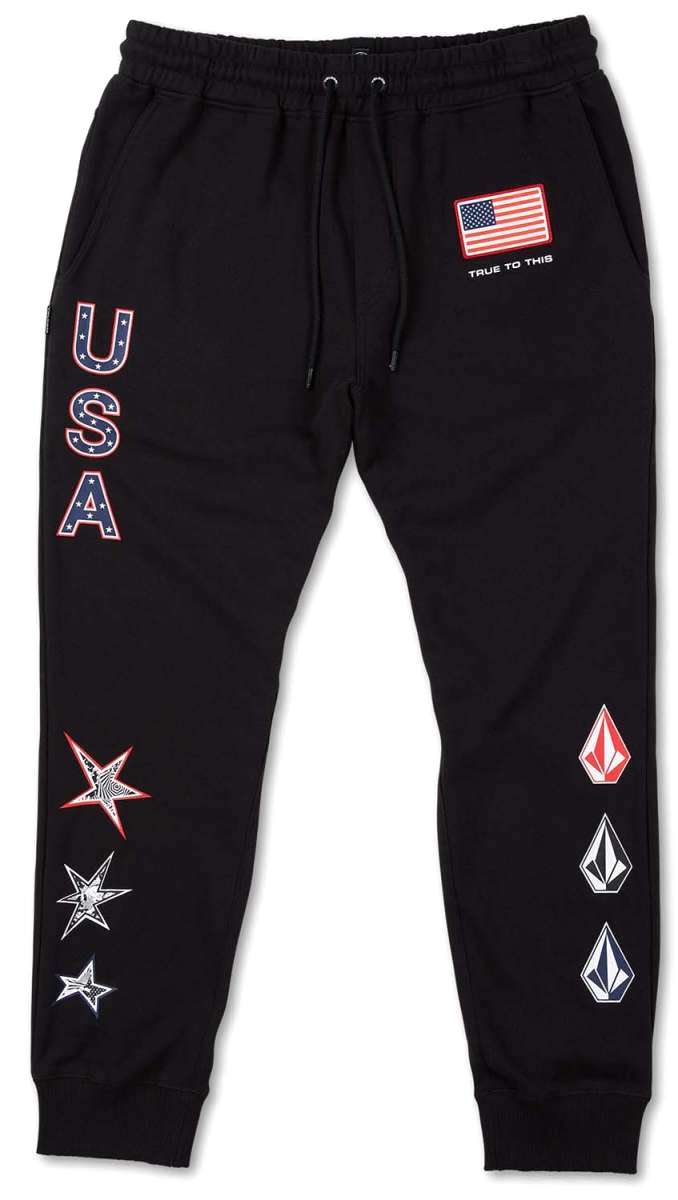 Volcom USST Iconic Stone Pants 2022 - Black pants with a small American flag patch on the left thigh and a white logo on the right leg.
