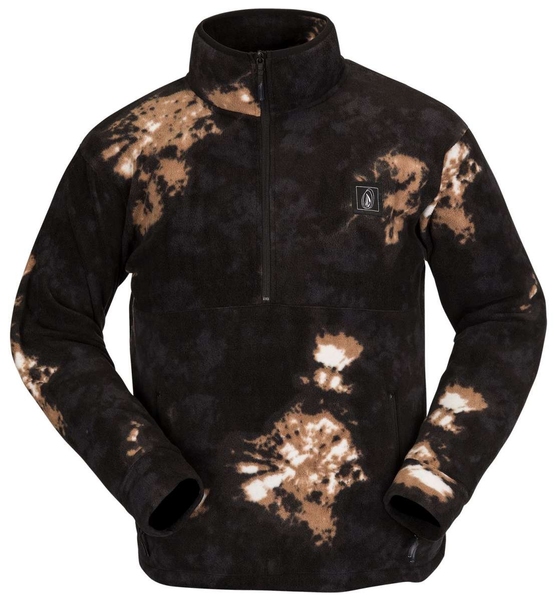 Volcom V Science Fleece Pullover 2023 - A black fleece pullover with a brown and white abstract pattern.