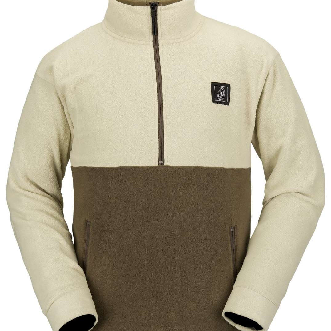 Volcom V Science Fleece Pullover 2023 - A cream-colored fleece pullover with a brown stripe across the chest and two zippered pockets on either side.