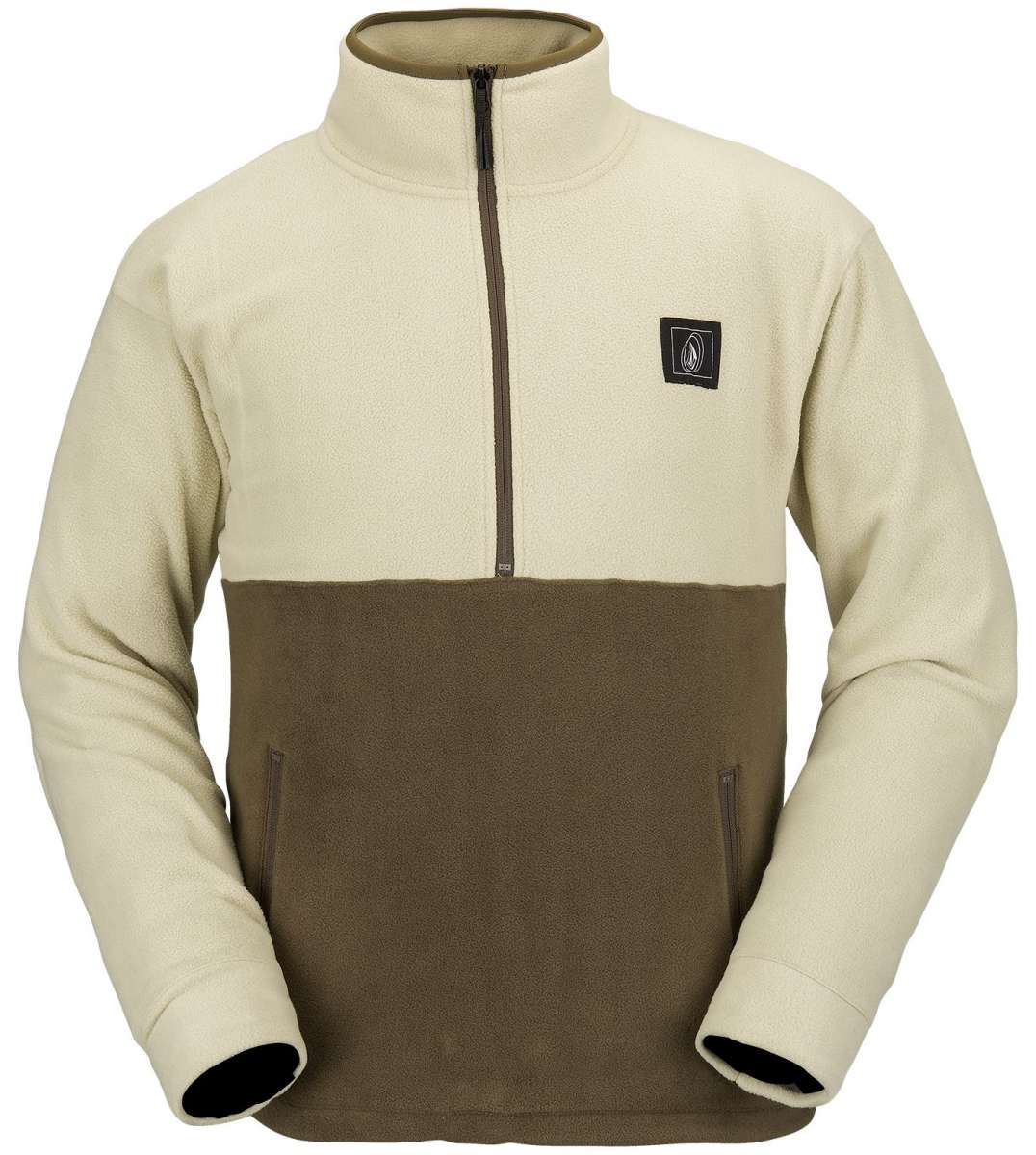 Volcom V Science Fleece Pullover 2023 - A cream-colored fleece pullover with a brown stripe across the chest and two zippered pockets on either side.