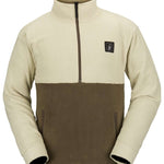 Volcom V Science Fleece Pullover 2023 - A cream-colored fleece pullover with a brown stripe across the chest and two zippered pockets on either side.