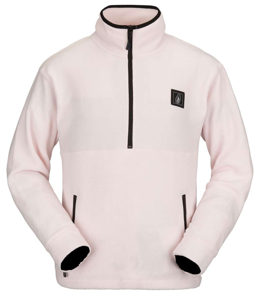 Volcom V Science Fleece Pullover 2023 - A light pink fleece pullover with a black zipper and logo on the left chest.
