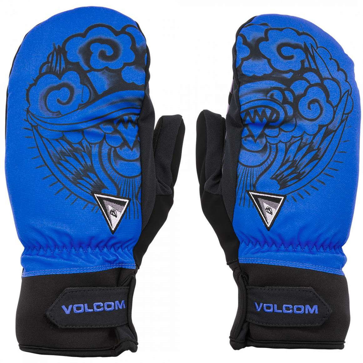 Volcom V.Co Nyle Mittens - A pair of blue mittens with a black design on the back, featuring a triangular logo and a cloud-like pattern.