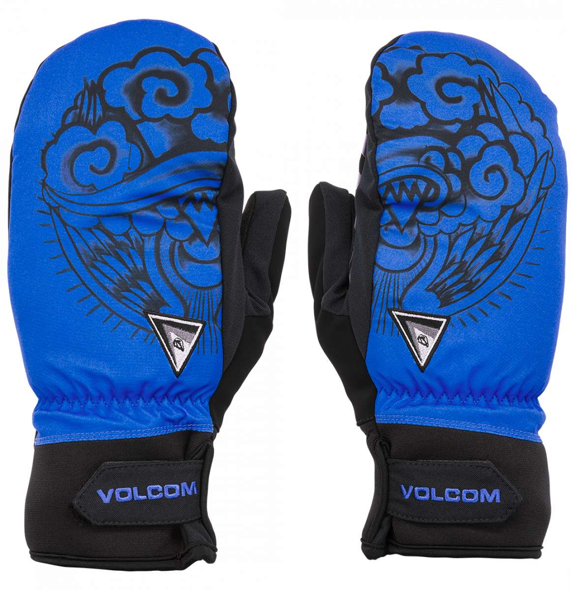 Volcom V.Co Nyle Mittens - A pair of blue mittens with a black design on the back, featuring a triangular logo and a cloud-like pattern.