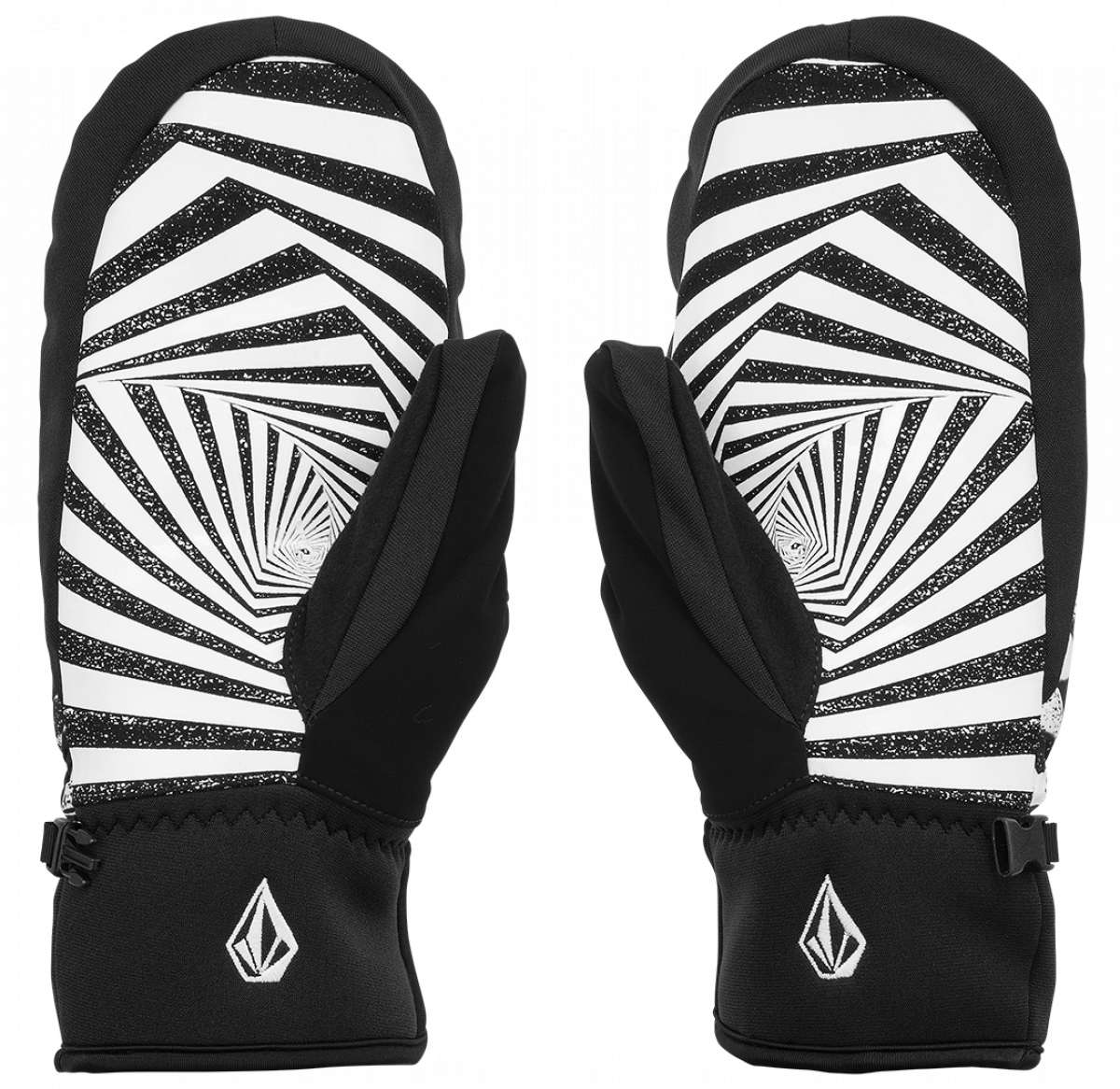 Volcom V.Co Nyle Mittens - Pair of black mittens with a white geometric pattern on the back and palm, featuring a small logo at the wrist.