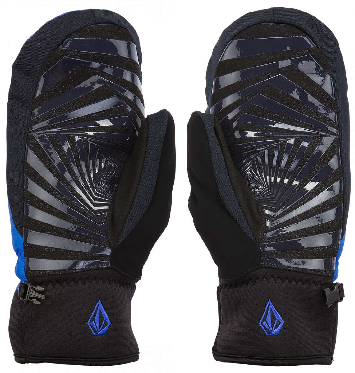 Volcom V.Co Nyle Mittens - Pair of black mittens with a shiny, geometric pattern on the palms and blue accents on the sides.