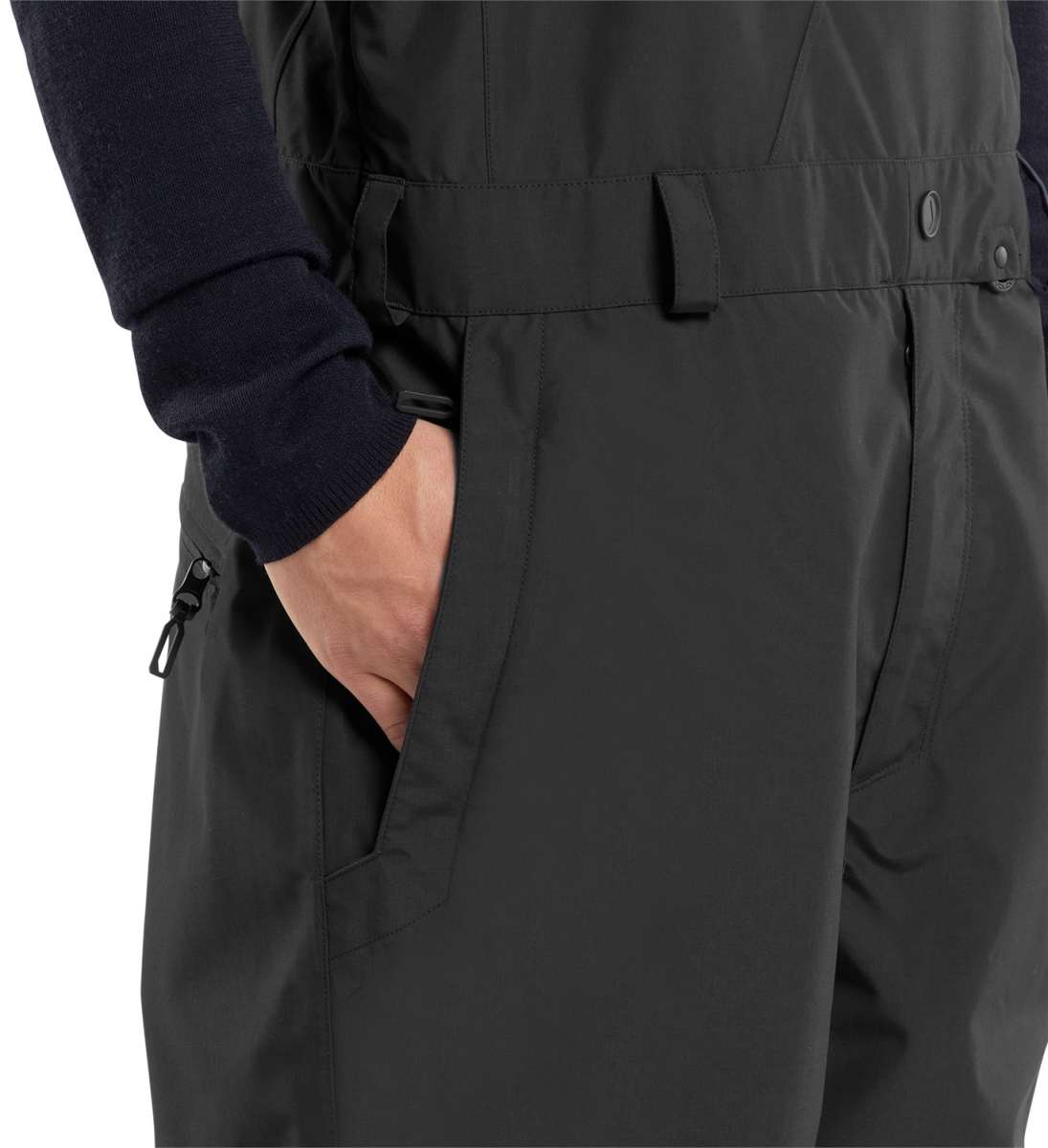 Volcom V.Co Sparta Bib Overall Pants 2024 - Black bib overall pants with a white logo on the left leg and black drawstring waistband.