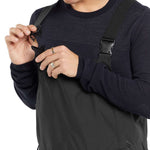 Volcom V.Co Sparta Bib Overall Pants 2024 - Black bib overalls with diagonal white stripes on the side of the leg and a black logo patch on the right thigh.