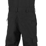 Volcom V.Co Sparta Bib Overall Pants 2024 - Black bib overalls with adjustable straps and multiple pockets, featuring a black-and-white striped pattern on the side of one leg.