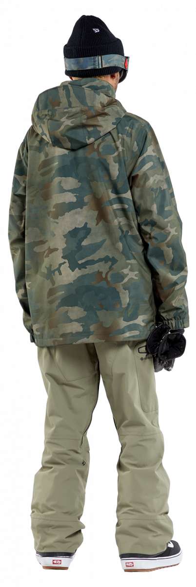 Volcom V.co Stretch Gore-Tex Jacket - A camouflage-printed jacket with a hood, featuring a zippered front and two side pockets.