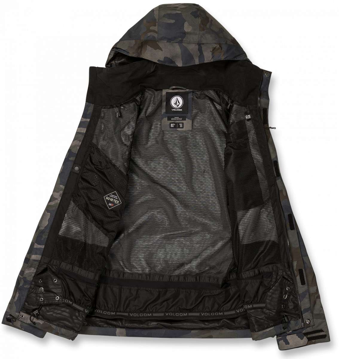 Volcom V.Co Stretch GORE-TEX Jacket 2024 - A black jacket with a camouflage pattern and a hood, featuring a zipper closure.