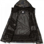Volcom V.Co Stretch GORE-TEX Jacket 2024 - A black jacket with a camouflage pattern and a hood, featuring a zipper closure.