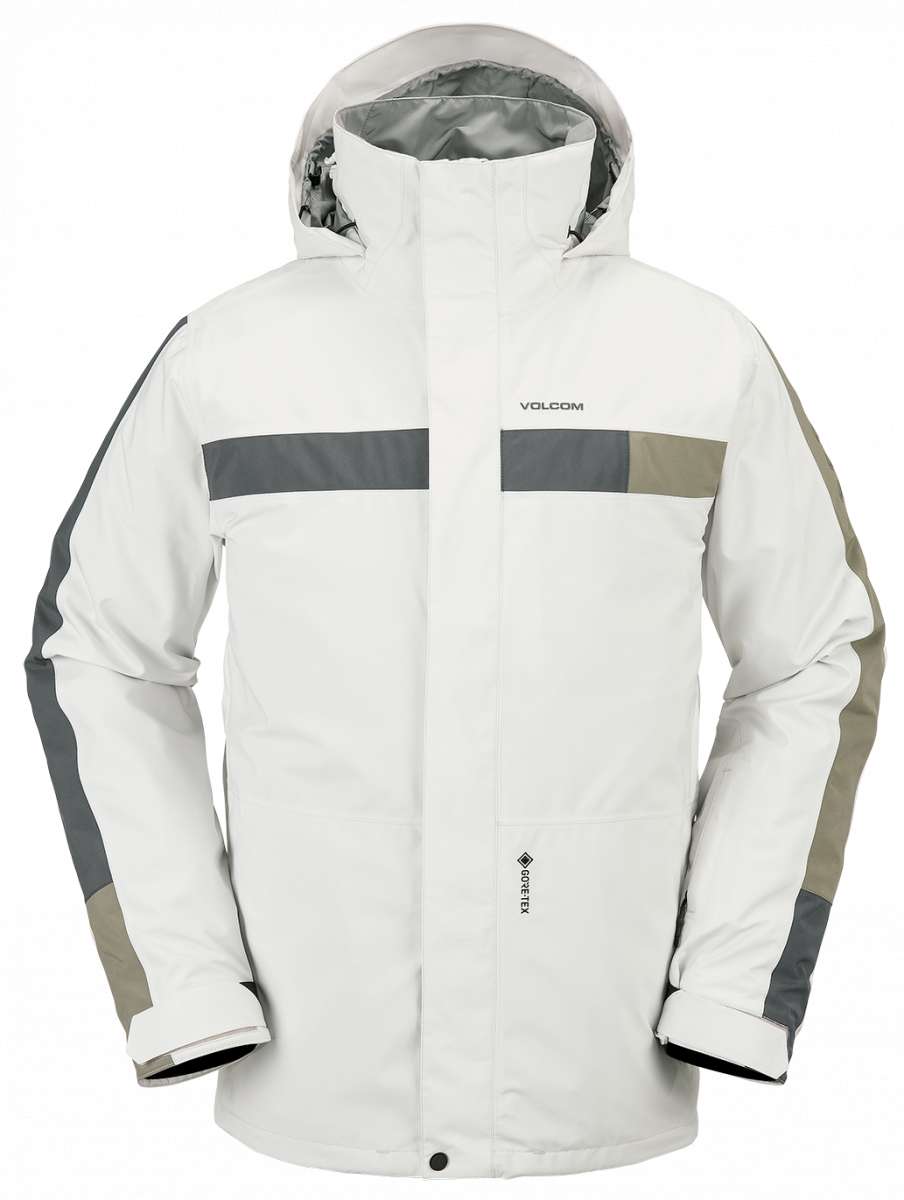 Volcom V.Co Stretch GORE-TEX Jacket 2024 - A white jacket with a grey stripe across the chest and two grey stripes down each arm, featuring a hood and zippered pockets.