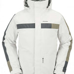 Volcom V.Co Stretch GORE-TEX Jacket 2024 - A white jacket with a grey stripe across the chest and two grey stripes down each arm, featuring a hood and zippered pockets.