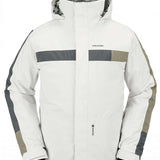 Volcom V.Co Stretch GORE-TEX Jacket 2024 - A white jacket with a grey stripe across the chest and two grey stripes down each arm, featuring a hood and zippered pockets.