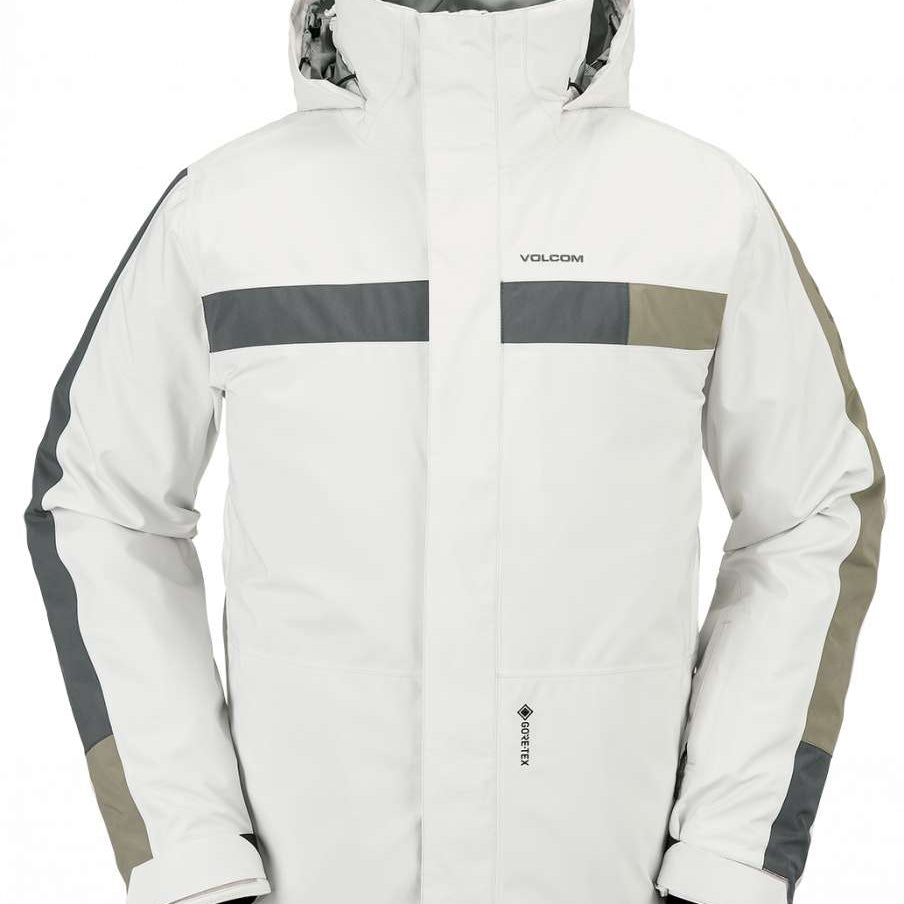 Volcom V.Co Stretch GORE-TEX Jacket 2024 - A white jacket with a grey stripe across the chest and two grey stripes down each arm, featuring a hood and zippered pockets.