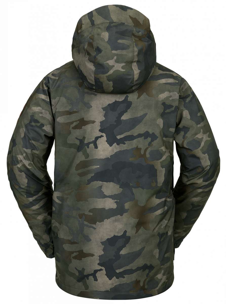 Volcom V.Co Stretch GORE-TEX Jacket 2024 - A dark green camouflage jacket with a hood, featuring a pattern of irregular shapes and lines.