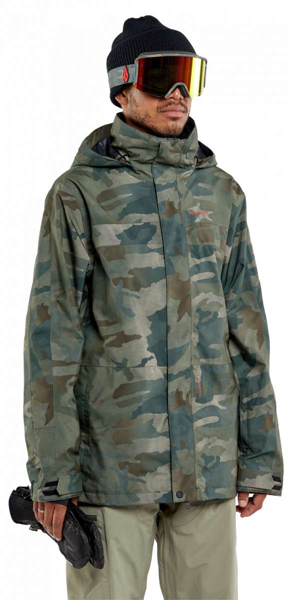 Volcom V.Co Stretch GORE-TEX Jacket 2024 - A green camouflage jacket with a hood, worn by a model who is only visible from the waist up.