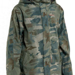 Volcom V.Co Stretch GORE-TEX Jacket 2024 - A green camouflage jacket with a hood, worn by a model who is only visible from the waist up.