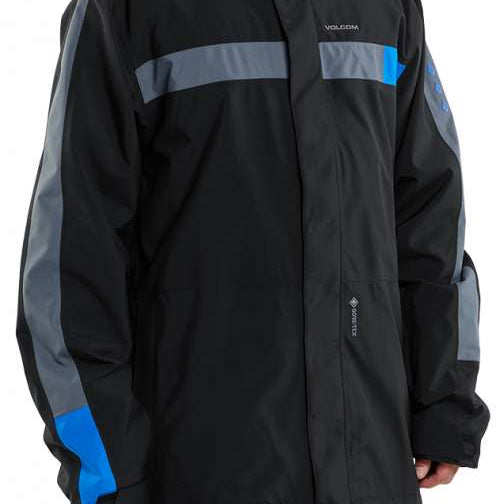 Volcom V.Co Stretch GORE-TEX Jacket 2024 - Black jacket with blue stripe on chest and gray stripe on sleeve.