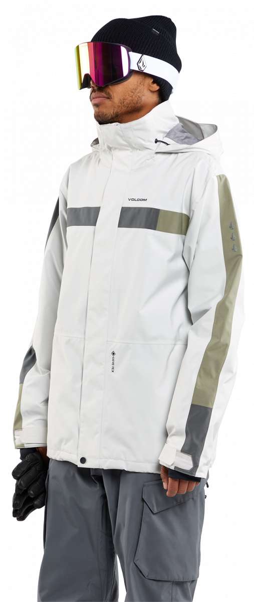 Volcom V.Co Stretch GORE-TEX Jacket 2024 - A white jacket with grey and olive green accents, featuring a hood and zippered pockets.
