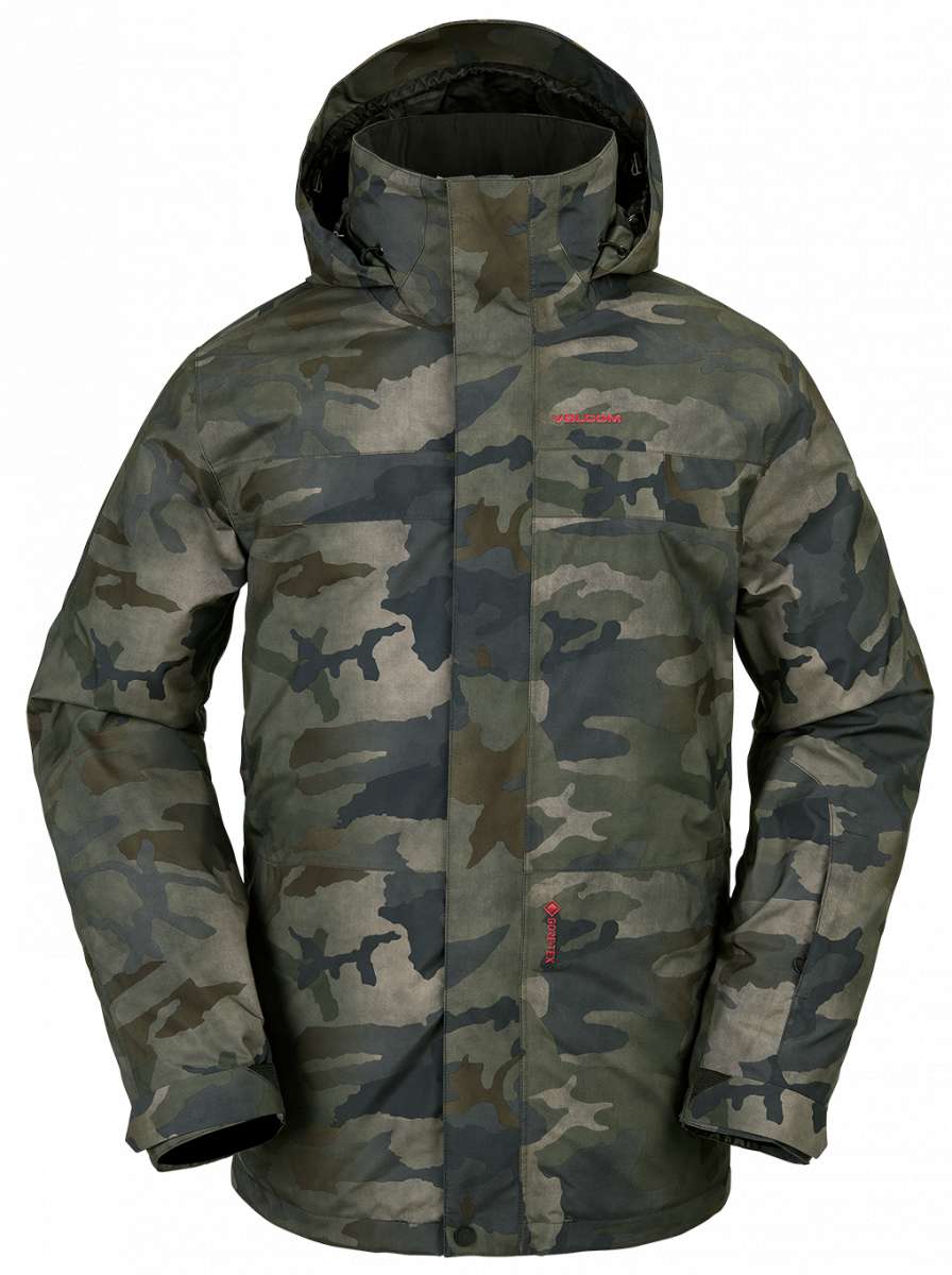 Volcom V.Co Stretch GORE-TEX Jacket 2024 - A dark green camouflage patterned jacket with a hood and red embroidered logo on the left chest.