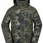 Volcom V.Co Stretch GORE-TEX Jacket 2024 - A dark green camouflage patterned jacket with a hood and red embroidered logo on the left chest.