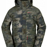 Volcom V.Co Stretch GORE-TEX Jacket 2024 - A dark green camouflage patterned jacket with a hood and red embroidered logo on the left chest.
