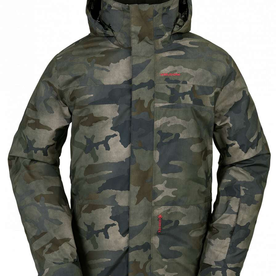 Volcom V.Co Stretch GORE-TEX Jacket 2024 - A dark green camouflage patterned jacket with a hood and red embroidered logo on the left chest.