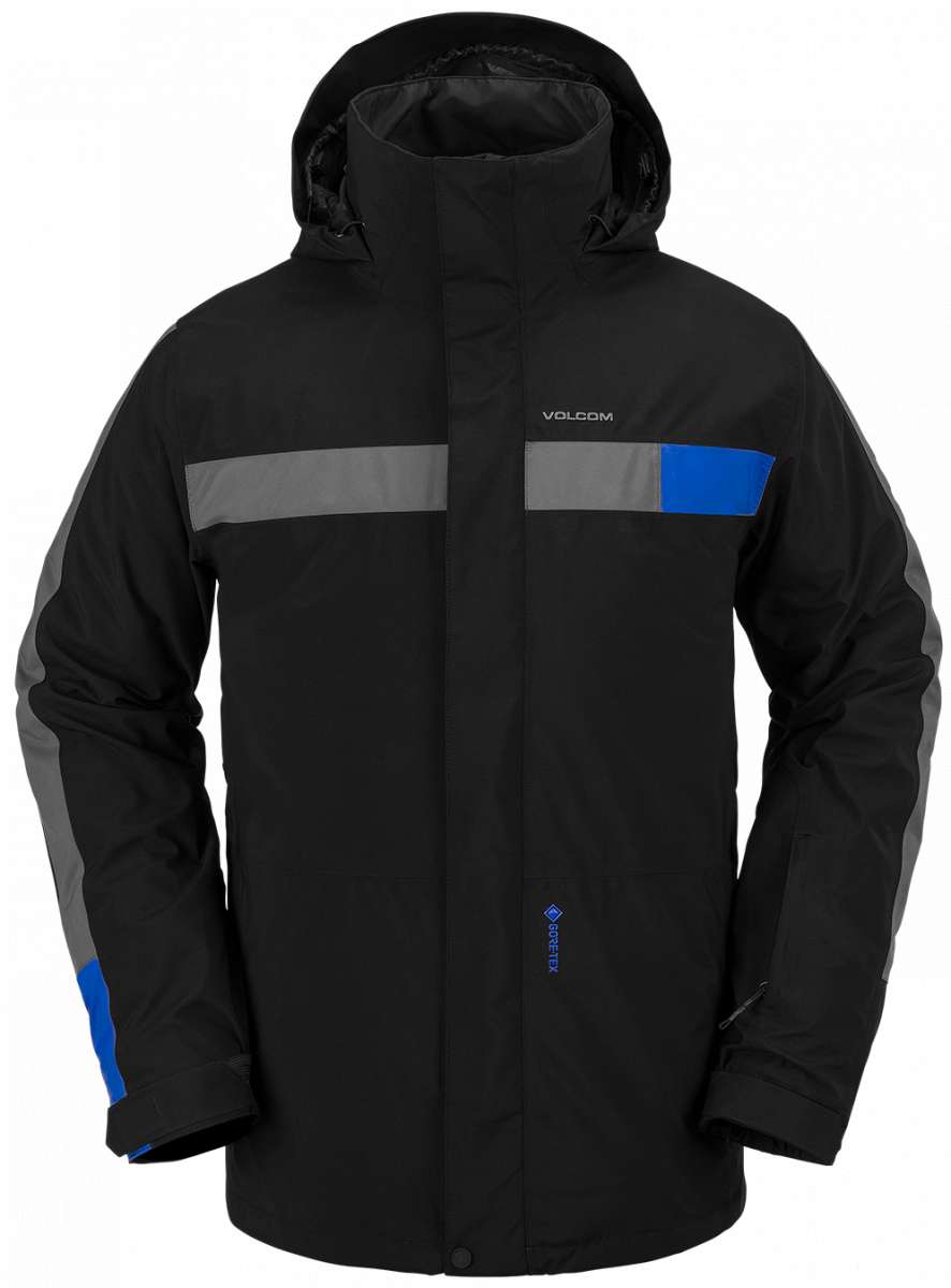 Volcom V.Co Stretch GORE-TEX Jacket 2024 - A black jacket with a gray stripe across the chest and blue accents on the sleeve.