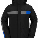 Volcom V.Co Stretch GORE-TEX Jacket 2024 - A black jacket with a gray stripe across the chest and blue accents on the sleeve.