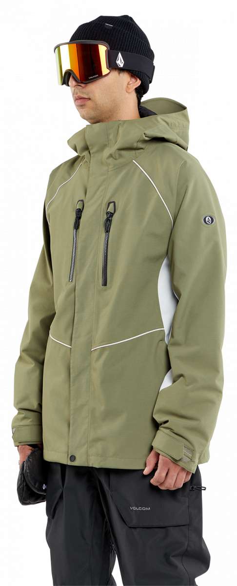 Volcom V.Co WFO Shell Jacket 2024 - Olive green jacket with white stitching and a black zipper.