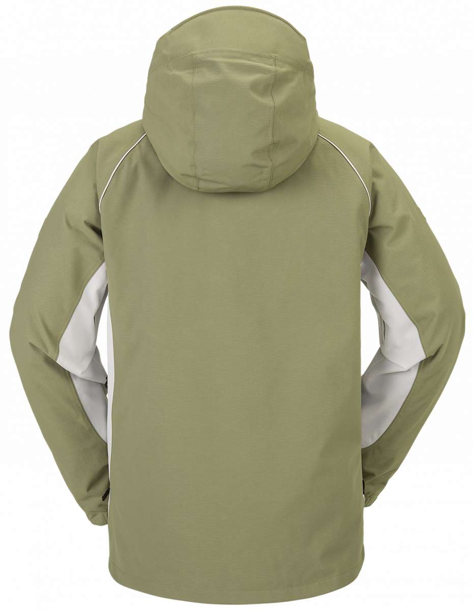 Volcom V.Co WFO Shell Jacket 2024 - A khaki green jacket with white accents on the shoulders and chest, featuring a hood and zippered pockets.