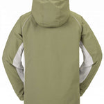 Volcom V.Co WFO Shell Jacket 2024 - A khaki green jacket with white accents on the shoulders and chest, featuring a hood and zippered pockets.