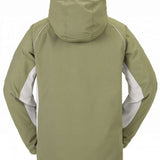 Volcom V.Co WFO Shell Jacket 2024 - A khaki green jacket with white accents on the shoulders and chest, featuring a hood and zippered pockets.