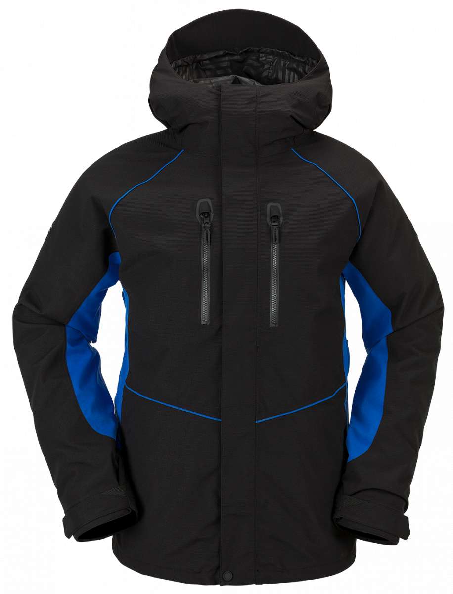 Volcom V.Co WFO Shell Jacket 2024 - A black jacket with blue accents and a hood, featuring two zippered pockets on the front.