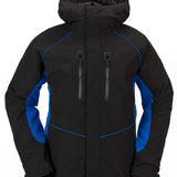 Volcom V.Co WFO Shell Jacket 2024 - A black jacket with blue accents and a hood, featuring two zippered pockets on the front.