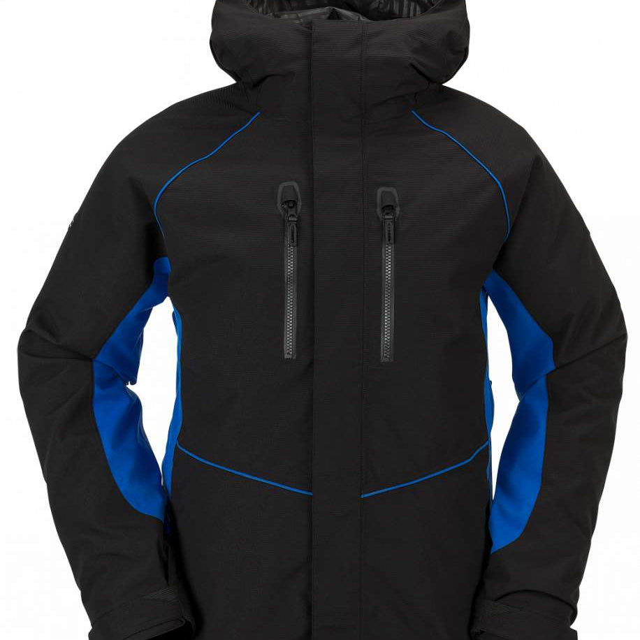 Volcom V.Co WFO Shell Jacket 2024 - A black jacket with blue accents and a hood, featuring two zippered pockets on the front.