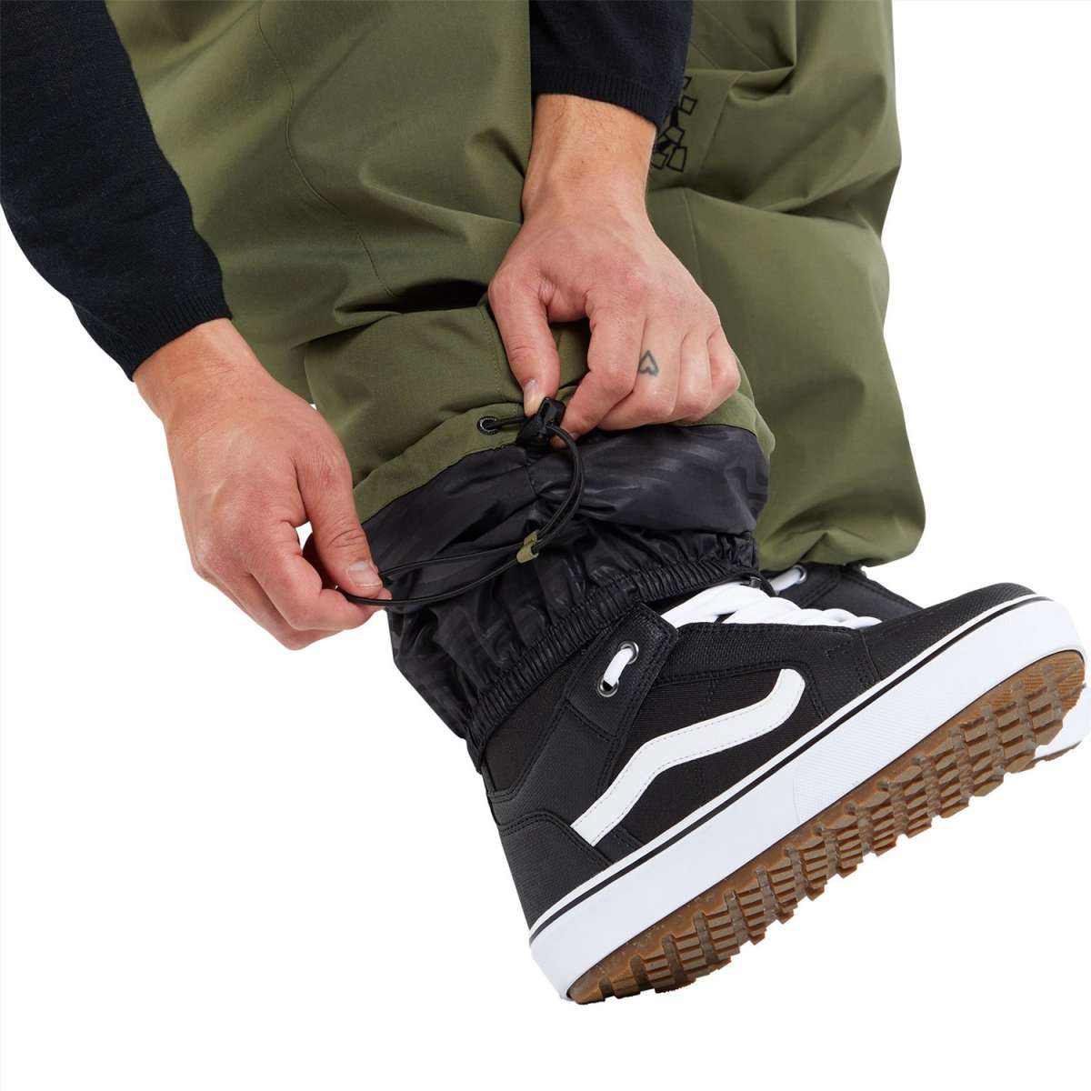Volcom X Dustbox Pant - Olive green snow pants with black accents on the side pockets and a white logo on the left thigh.